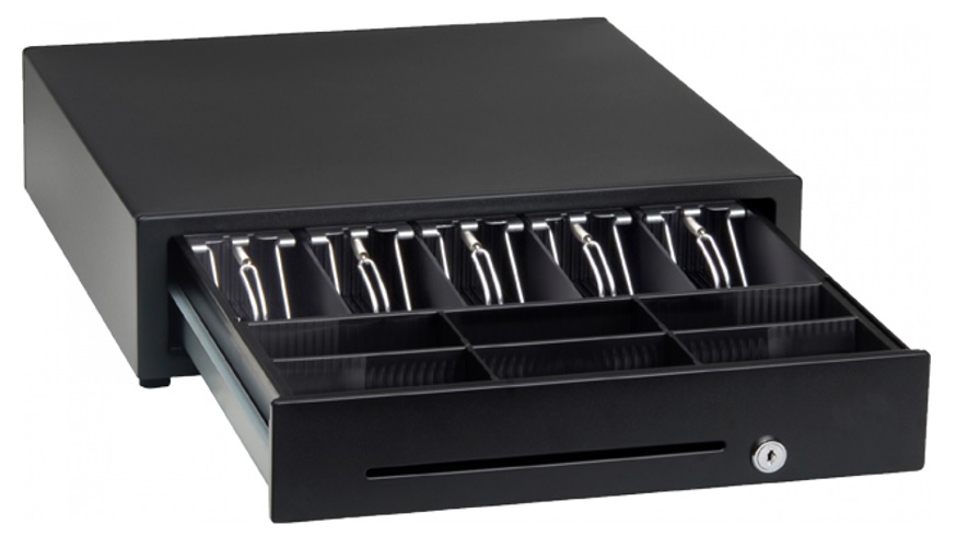 Cajón Monedero | SAT 119  | Metalico para Punto de Venta, 5 Ranuras para Billetes, 8 Ranuras para Monedas, Pisabilletes Metálicos, Color Negro, Puerto RJ-11. 1 Año de Garantía