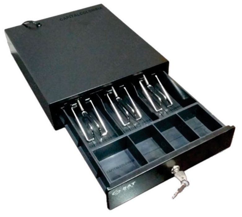 Cajón Monedero | SAT RS100 | Metálico para Punto de Venta, 3 Ranuras para Billetes, 4 Ranuras para Monedas, Puerto RJ11, Color Negro, 1 Año de Garantía