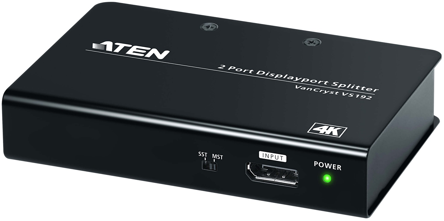 Splitter DisplayPort 2-Puertos / ATEN VS192 | 2603 - ATEN VS192 es un divisor de video diseñado para enviar una señal DisplayPort de alta definición a dos monitores simultáneamente, incorpora tecnología MST para extender el escritorio en dos pantallas