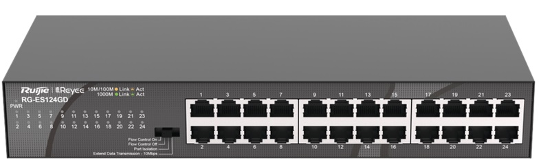 Switch 24-Puertos / Ruijie RG-ES124GD | 2508 - Ruijie RG-ES124GD es un switch no gestionado de 24 puertos Gigabit con funciones de capa 2, diseñado para redes domésticas, comerciales y pequeñas oficinas que requieren alto rendimiento y gestion simple