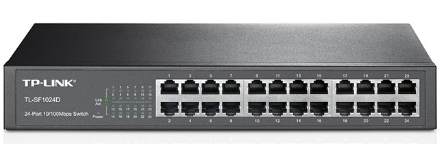 Switch 24-Puertos / TP-Link TL-SF1024D | 2501 - Switch No Administrable con 24 Puertos LAN 10/100, Funciones de Capa 2, Capacidad de Conmutación 4.8 Gbps, Capacidad de Procesamiento 3.57 Mpps, Tabla MAC Address 8K, Memoria de Búfer 2Mb, Consumo 3.5W 