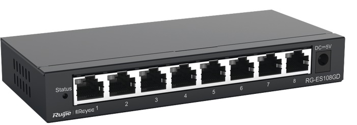 Switch  8-Puertos / Ruijie RG-ES108GD | 2508 - Ruijie RG-ES108GD es un switch no administrable sin PoE diseñado para ofrecer conectividad Gigabit confiable en entornos como oficinas, cafés, tiendas minoristas y hogares. Una opción robusta y silenciosa