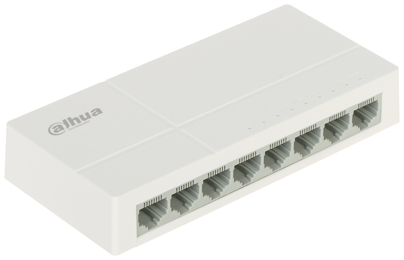 Switch 8 Puertos / Dahua DH-PFS3008-8ET-L | 2412 - Conmutador no administrado, Capa 2, Puertos: 8x 100 Mbps, Conmutación: 1.6 Gbps, Reenvío: 1.19 Mpps, Memoria: 448 Kbits, Tabla MAC: 1K, Protección: Descarga de aire 8kV & Descarga de contacto 4kV
