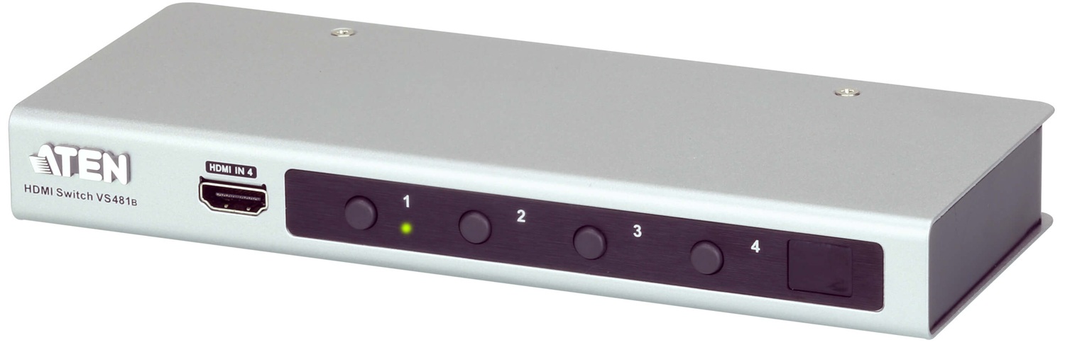 Switch HDMI 4K 4-Puertos / ATEN VS481B | 2603 - ATEN VS481B es un switch de video diseñado para conectar 4-fuentes HDMI a una sola pantalla, permite conmutar rápidamente mediante pulsadores frontales, control RS-232 o mando IR, soporta resolucion UHD 4K