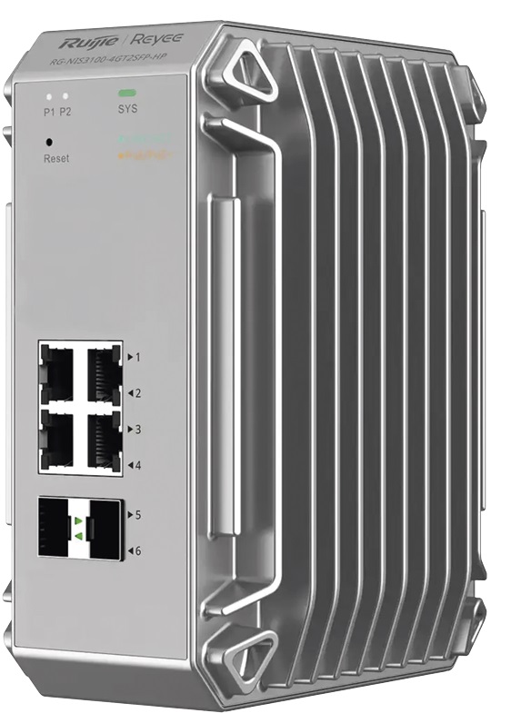 Switch Industrial  4-Puertos / Ruijie RG-NIS3100-4GT2SFP-HP | 2508 - Ruijie RG-NIS3100-4GT2SFP-HP es un switch industrial gestionable Capa 2 diseñado para operar en entornos extremos como fábricas, zonas costeras, instalaciones con polvo o temperaturas