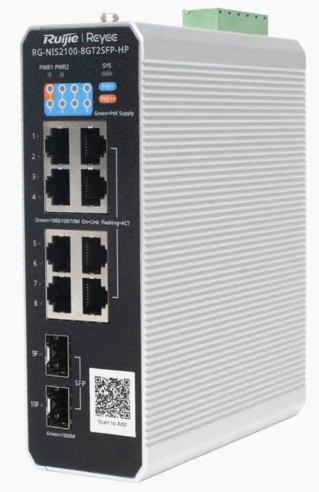 Switch Industrial / Ruijie RG-NIS2100-8GT2SFP-HP | 2606 – Ruijie RG-NIS2100-8GT2SFP-HP es un switch diseñado para la conectividad y suministro eléctrico industrial gestionado en la nube en entornos críticos. Cuenta con 8 puertos RJ45 Gigabit, 2x SFP