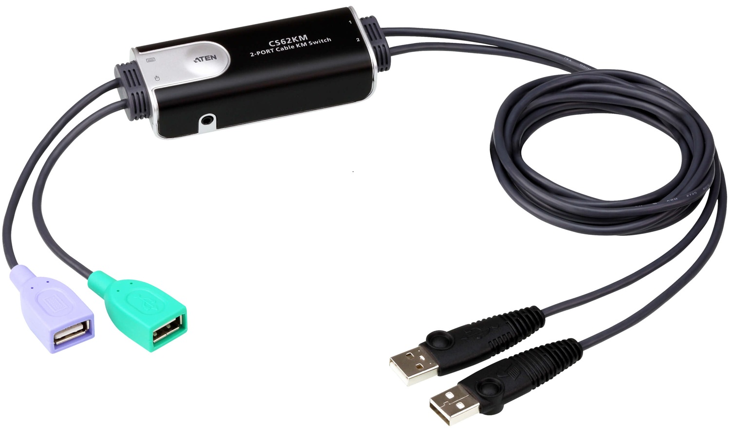 Switch KM 2-PCs / ATEN CS62KM | 2603 - ATEN CS62KM es un conmutador KM de 2 puertos diseñado para controlar dos computadoras con un solo teclado y ratón mediante un cable USB, tecnología Boundless Switching para desplazar el cursor entre monitores