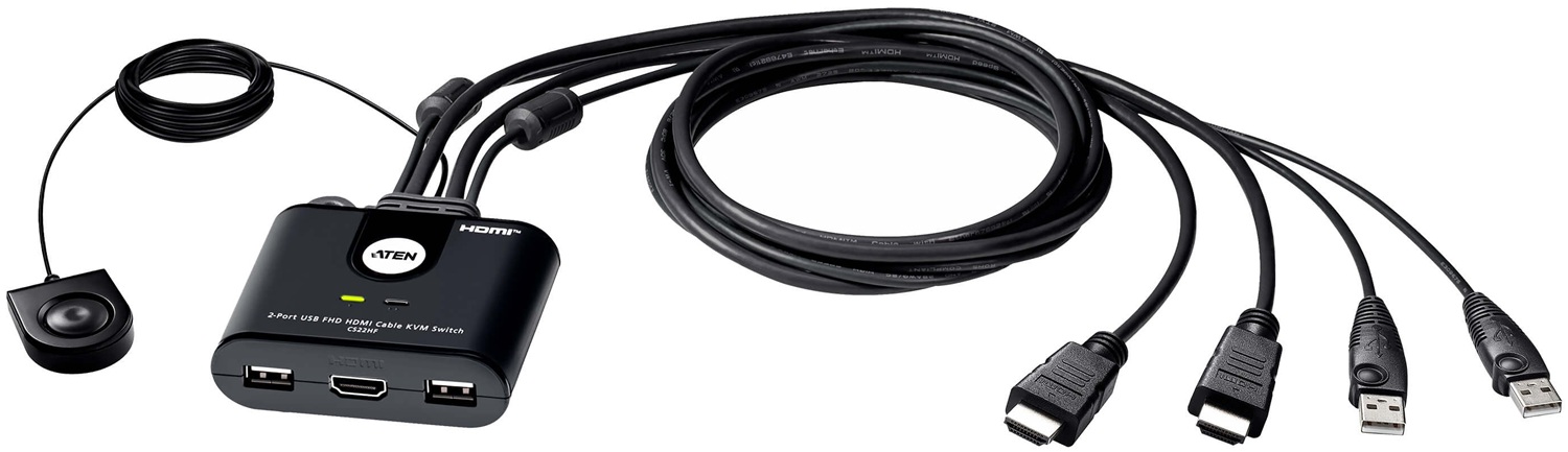 Switch KVM 2-PCs / ATEN CS22HF | 2603 - ATEN CS22HF es un conmutador de consola diseñado para controlar 2 computadoras mediante una sola interfaz de video, teclado y mouse, integra conectores HDMI y USB, soporta resoluciones hasta 1920 x 1200 a 60 Hz
