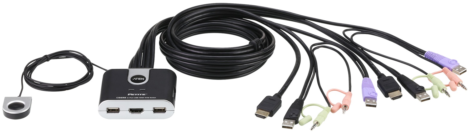 Switch KVM 2-PCs / ATEN CS692 | 2603 - ATEN CS692 es un conmutador de consola diseñado para controlar 2 computadoras mediante un solo conjunto de periféricos HDMI y USB, integra cables incorporados de 1.2 metros, soporta resoluciones hasta 1920 x 1080