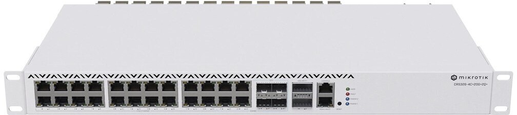 Switch 24-Puertos 2.5G / MikroTik CRS3264C+20G+2Q+RM | 2603 - MikroTik CRS326-4C+20G+2Q+RM es un switch administrable de alto rendimiento diseñado para redes de alta densidad y centros de datos. Incorpora 20 puertos 2.5G, 4 puertos combo 2.5G/SFP+ 10G