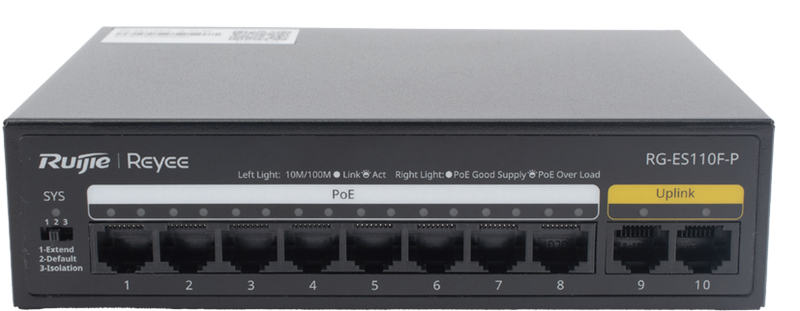 Switch PoE 10-Puertos / Ruijie RG-ES110F-P | 2508 - Ruijie RG-ES110F-P es un switch PoE+ no gestionado de confunciones de capa 2, diseñado para aplicaciones como videovigilancia, oficinas, comercios y redes domésticas. Capacidad de conmutación 2 Gbps