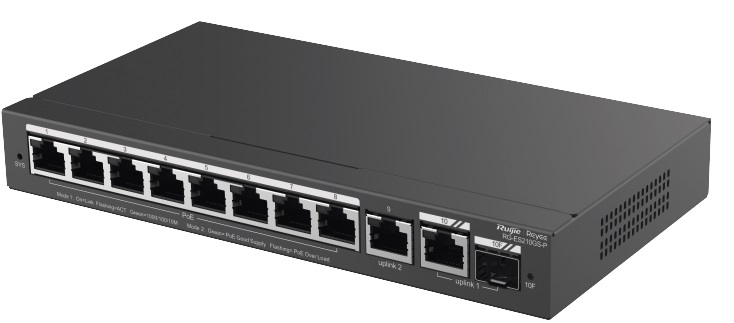 Switch PoE 10-Puertos / Ruijie RG-ES210GS-P | 2508 - Switch Ruijie RG-ES210GS-P  Ruijie RG-ES210GS-P es un switch inteligente sin PoE con funciones de capa 2 gestionable desde la nube, diseñado para aplicaciones de videovigilancia, redes empresariales