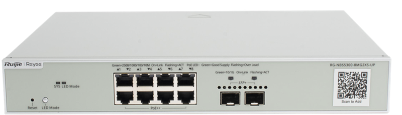 Switch PoE  8-Puertos / Ruijie RG-NBS5300-8MG2XS-UP | 2509 - Ruijie RG‑NBS500‑8MG2XS‑UP es un switch administrable de capa 3, Multi‑gigabit, Gestión en la nube, diseñados para alto rendimiento en redes Wi‑Fi 6/7, Videovigilancia IP. Soporta PoE++ 