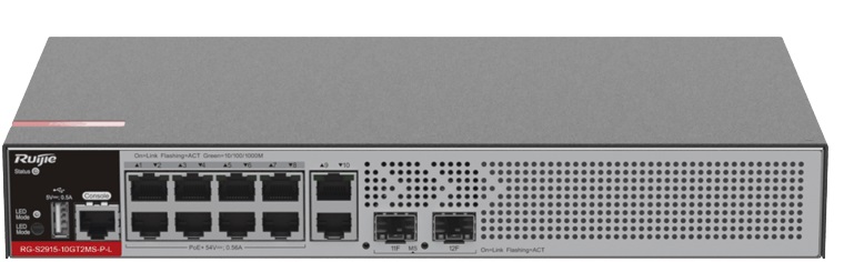 Switch PoE 10-Puertos / Ruijie RG-S2915-10GT2MS-P-L | 2508 - Ruijie RG-S2915-10GT2MS-P-L es un switch PoE gestionable con funciones de capa 2+ diseñado para entornos empresariales como oficinas, hoteles, fábricas, retail y escuelas. Ofrece conectividad