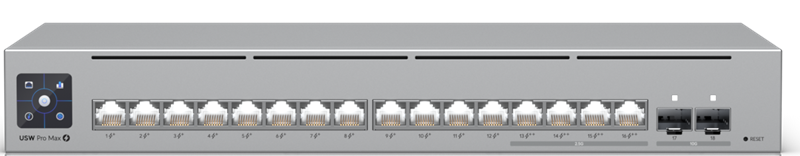 Switch PoE 16-Puertos / Ubiquiti USW-PRO-MAX-16-POE | 2507 - Switch Ubiquiti USW-Pro-Max-16 gestionado de capa 2 y 3 de la serie UniFi Pro Max, Diseñado para ofrecer alto rendimiento en redes empresariales y destaca por su soporte para Etherlighting