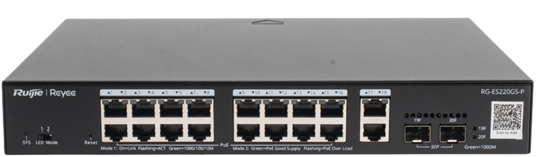 Switch PoE 20-Puertos / Ruijie RG-ES220GS-P | 2508 - Ruijie RG-ES220GS-P es un switch PoE inteligente con funciones de capa 2, diseñado para redes empresariales, videovigilancia (CCTV), retail y educación. Ofrece administración centralizada en la nube