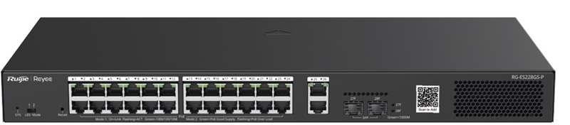 Switch PoE 28-Puertos / Ruijie RG-ES228GS-P | 2508 - Ruijie RG-ES228GS-P es un switch PoE+ Gigabit administrable en la nube con funciones de capa 2, diseñado para redes empresariales, videovigilancia, retail, educación y entornos industriales