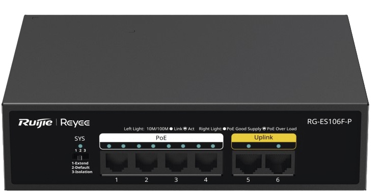 Switch PoE  6-Puertos / Ruijie RG-ES106F-P | 2508 - Ruijie RG-ES106F-P es un switch PoE no administrable de 6-Puertos LAN con funciones capa 2, diseñado para aplicaciones como videovigilancia, teletrabajo, comercios minoristas y cafés. 4-Puertos 10/100