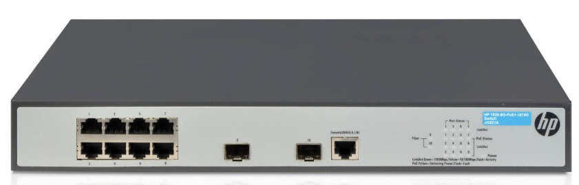 Switch PoE 8-Puertos 1 Gbps / HPE 1920-8G JG921A | 2605 – HPE JG921A es un conmutador gestionado inteligente diseñado para pequeñas empresas, posee 8 puertos RJ-45 10/100/1000 PoE+ y 2 puertos SFP Gigabit independientes, conmutación de 20 Gbps
