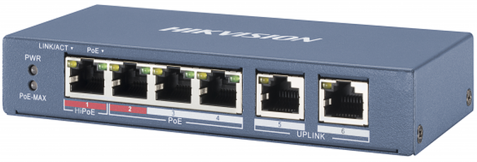 Switch PoE 6-Puertos 100 Mb / Hikvision DS-3E0106P-E-M(B) | 2603 -  Hikvision DS-3E0106P-E/M(B) es un conmutador de red no administrable diseñado para suministrar alimentación eléctrica y transmisión de datos a dispositivos IP, integra 4 puertos RJ45