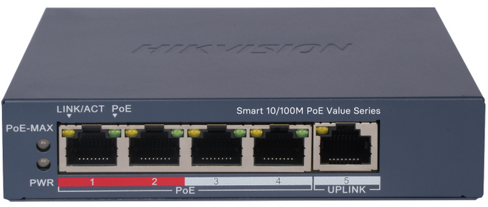 Switch PoE 5-Puetos 100 Mb / Hikvision DS-3E1105P-EI-M(V2) | 2603 - Hikvision DS-3E1105P-EI/M(V2) es un conmutador inteligente diseñado para la gestión de alimentación PoE en sistemas de seguridad, integra 4 puertos 10/100 con soporte IEEE 802.3af/at