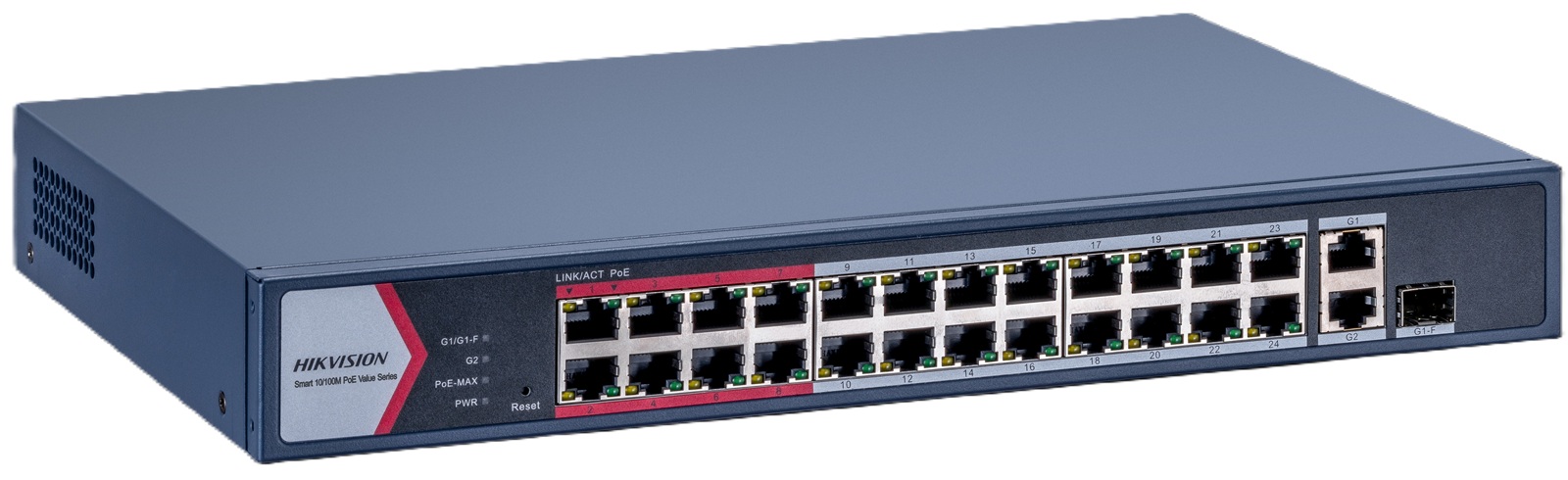 Switch PoE 24-Puertos 100 Mb / Hikvision DS-3E1326P-EI-M | 2603 - Hikvision DS-3E1326P-EI/M es un conmutador inteligente diseñado para la gestión centralizada de alimentación PoE en sistemas de videovigilancia de media escala, integra 24 puertos RJ45