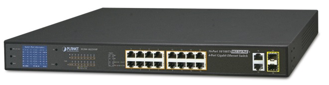 Planet FGSW-1822VHP / Switch PoE 16-Puertos | 2401 - Switch No Administrable con funciones de capa L2, Optimizado para Videovigilancia IP, 16-Puertos LAN 10/100 PoE+, 2-Puertos LAN Gigabit, 2-Puertos LAN/SFP Gigabit, Presupuesto PoE 300W