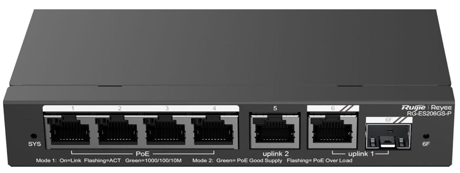 Switch PoE  6-Puertos / Ruijie RG-ES206GS-P | 2508 - Ruijie RG-ES206GS-P es un switch PoE+ inteligente con funciones de capa 2, diseñado para redes pequeñas y medianas que requieren alimentación eléctrica por Ethernet, gestión remota desde la nube