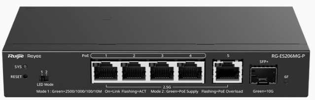 Switch PoE 5-Puertos 2.5G / Ruijie RG-ES206MG-P | 2603 - Ruijie RG-ES206MG-P es un switch multi-gigabit administrable diseñado para redes de alta velocidad y videovigilancia IP, incorpora 5 puertos 2.5G con 4 puertos PoE+ 802.3af/at, 1 puerto SFP+