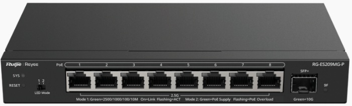 Switch PoE 8-Puertos 2.5G / Ruijie RG-ES209MG-P | 2603 - Ruijie RG-ES209MG-P es un switch multi-gigabit administrable diseñado para redes de alta velocidad y videovigilancia, incorpora 8 puertos de 2.5G con soporte PoE+ 802.3af/at, 1 puerto SFP+ 10G