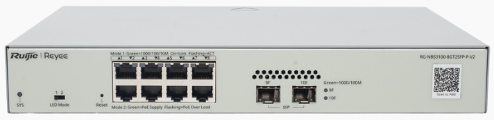 Switch PoE 8-Puertos / Ruijie RG-NBS3100-8GT2SFP-P-V2 | 2603 - Ruijie RG-NBS3100-8GT2SFP-P-V2 es un switch de capa 2 diseñado para redes empresariales y videovigilancia, incorpora 8 puertos 10/100/1000Base-T con soporte PoE+ 802.3af/at, 2 puertos SFP