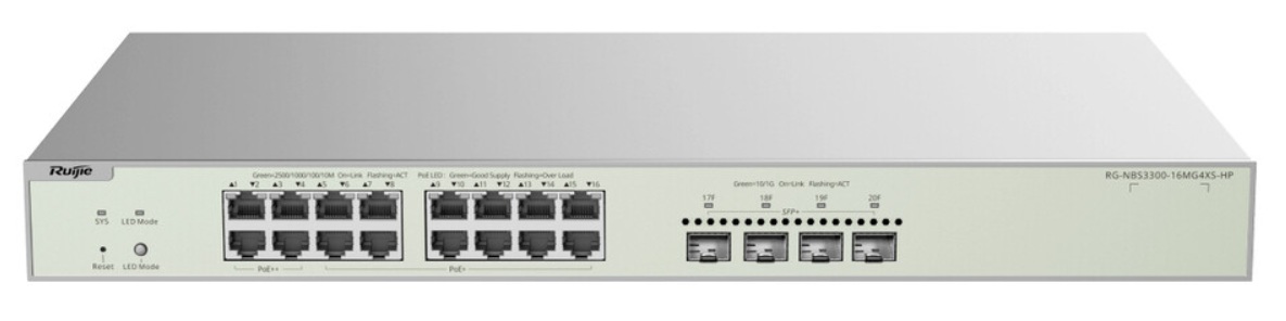 Switch PoE 16-Puertos / Ruijie RG-NBS3300-16MG4XS-HP | 2508 - Ruijie RG-NBS3300-16MG4XS-HP es un switch gestionado con funciones de capa 2+ diseñado para entornos exigentes como oficinas, hoteles, fábricas y redes Wi-Fi 6/7 por su potencia y versatilidad