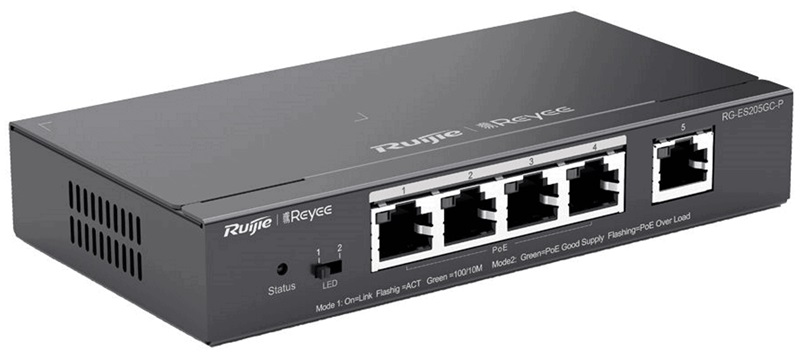 Switch PoE  5-Puertos / Ruijie RG-ES205GC-P | 2508 - Ruijie RG-ES205GC-P es un switch PoE administrable con funciones de capa 2 diseñado para redes pequeñas y medianas que requieren conectividad Gigabit, alimentación eléctrica por Ethernet (PoE)