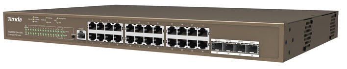 Switch PoE 10-Puertos - Tenda TEG5328P-24-410W / 4-SFP | 2110 - Switch PoE Administrable Capa 3, 24-Puertos LAN Gigabit (PoE+ 370W), 4-Puertos SFP Gigabit, 1-Puerto de consola, Capacidad de conmutación: 56 Gbps, Velocidad de reenvío de paquetes: 41.7 Mpps