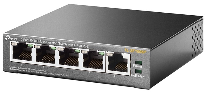 Switch  5-Puertos PoE / TP-Link TL-SF1005P | 2502 - Switch PoE No Administrable, Montaje: Escritorio, 5 Puertos LAN 10/100 (4-PoE+ 58W), Capacidad de Switcheo: 1 Gbps, Tabla MAC Address: 2K, Consumo: Max. 63.5W, Certificaciones: FCC, CE, RoHS