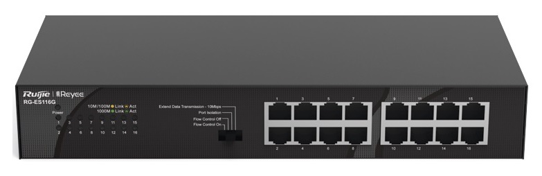 Ruijie RG-ES116G-L / Switch 16-Puertos | 2508 - Ruijie RG-ES116GL es un switch no administrado diseñado para ofrecer conectividad Gigabit estable y segura en entornos como oficinas, comercios, teletrabajo o redes de videovigilancia (CCTV)