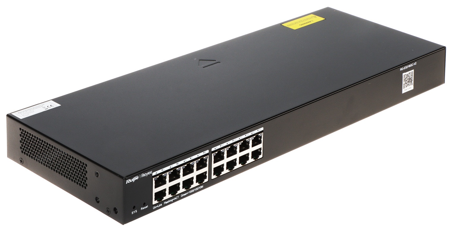 Switch 16-Puertos / Ruijie RG-ES216GC-V2 | 2508 - Ruijie RG-ES216GC-V2 es un switch inteligente sin PoE de capa 2 gestionado desde la nube, diseñado para aplicaciones como videovigilancia (CCTV), redes empresariales, hotelería, educación y retail