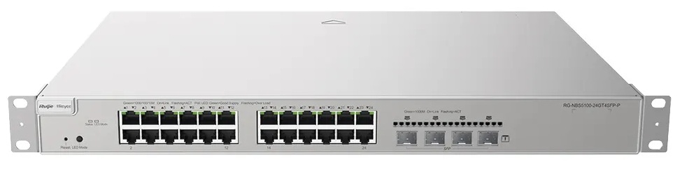 Switch PoE 24-Puertos / Ruijie RG-NBS5100-24GT4SFP-P | 2508 - Ruijie RG-NBS5100-24GT4SFP-P es un switch administrable de capa 3 con capacidad PoE, ideal para entornos empresariales que requieren alto rendimiento, seguridad y gestión remota. 24-Puertos