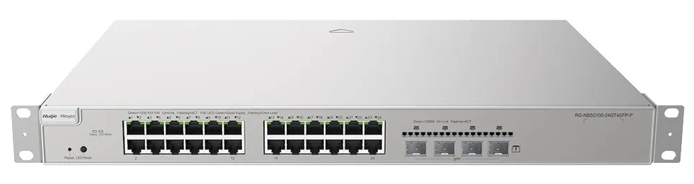 Switch 24-Puertos / Ruijie RG-NBS5100-24GT4SFP | 2508 - Ruijie RG-NBS5100-24GT4SFP es un switch con funciones de capa 3, ideal para redes empresariales, educativas o comerciales que requieren conectividad Gigabit con enlaces ascendentes de fibra óptica