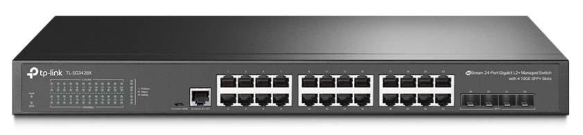 Switch 24-Puertos / TP-Link TL-SG3428X | 2502 - Switch Administrable 24-Puertos LAN Gigabit, 4-Puertos SFP+ 10G, 1-Puerto de consola RJ45, 1-Puerto de consola micro-USB, Capa 2 y 3, Capacidad de Conmutación 128 Gbps, Capacidad de Procesamiento 95 Mpps