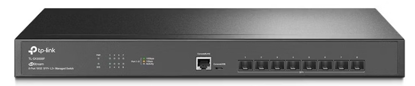 Fiber Switch 8-Puertos SFP+ 10G / TP-Link TL-SX3008F | 2501 - Switch de Fibra Optica Administrable con 8x Puertos SFP+ 10G, 1x RJ45 LAN, 1x Micro USB, Capacidad de conmutación: 160 Gbps, Tasa de reenvío: 119.04 Mpps, Jumbo Frames: 9K, MAC Address 30K