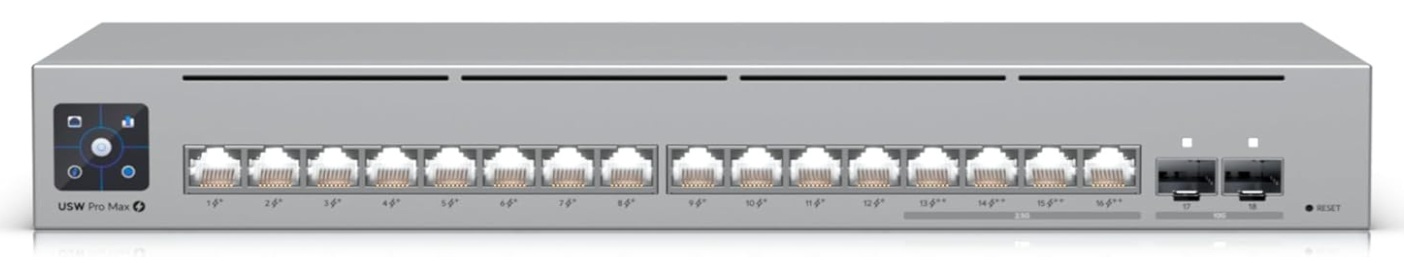 Switch 16-Puertos / Ubiquiti USW-PRO-MAX-16 | 2507 - Switch Ubiquiti USW-Pro-Max-16 gestionado capa 2 y 3 de UniFi Pro Max, Diseñado para ofrecer alto rendimiento en redes empresariales y destaca por su soporte para Etherlighting. 16x RJ45 Ethernet 