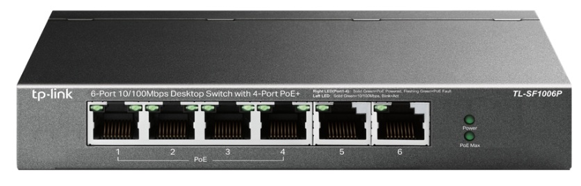Switch  6-Puertos PoE+ / TP-Link TL-SF1006P | 2502 - Switch PoE No Administrable con 6-Puertos LAN 10/100 (4-Puertos PoE+ 30W), Presupuesto PoE Total: 67W, Capacidad de Switcheo: 1.2 Gbps, Tasa de Reenvío de Paquetes: 0.89 Mpps, Tabla de Dirección Mac 2K