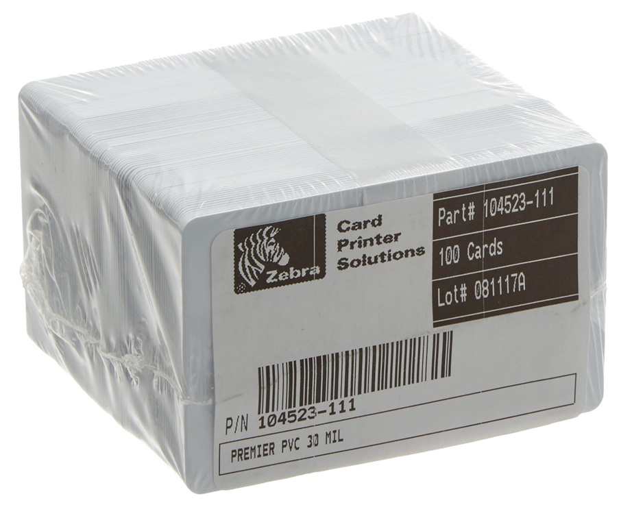 Tarjetas PVC / Zebra 104523-111 | 2607 – Zebra 104523-111 es un paquete de tarjetas de PVC blanco original de grado Premier sin laminación, diseñado bajo el estándar ISO para proporcionar una calidad de impresión óptima en impresoras de tarjetas