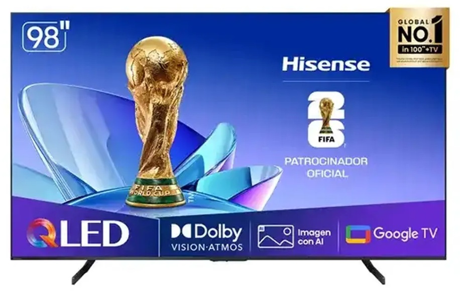 Hisense 98Q6QG / Smart TV 98'' QLED UHD 4K | 2605 – Hisense 98Q6QG es un televisor diseñado para reproducción de señales de video, tecnología QLED 4K 3840 x 2160, Direct LED, HDR10+, Dolby Vision IQ, tasa de refresco 144Hz, sistema operativo Google TV