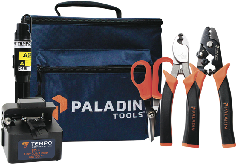 Tempo Paladin Tools FTK-T / Kit de herramientas | 2504 - Kit de herramientas para terminación de conectores de fibra óptica, Incluye: Tijeras para corte de Kevlar, Desforradora, Cleaver de 2 pasos, Estuche, Localizador visual de fallos & Pinzas de corte
