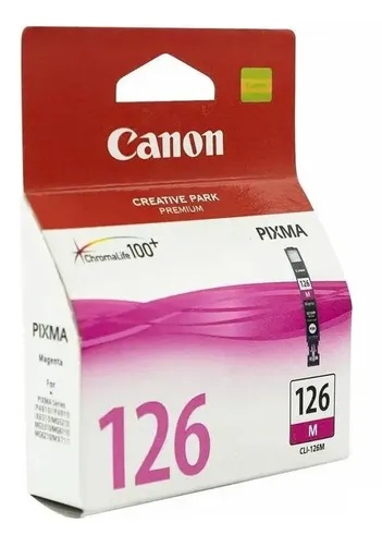 Tinta Canon CLI-126M / Magenta – 9 ml | 2607 – Canon CLI-126 M 4563B001AB es un cartucho de tinta de densidad estándar formulado para ofrecer transiciones cromáticas fluidas y gráficos detallados en sistemas fotográficos PIXMA. Referencia CLI-126 M