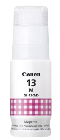 Tinta Canon GI-13M / Magenta – 70 ml | 2607 –  Canon GI-13 M 4669C001AA es una botella de tinta formulada con tecnología ChromaLife100 y equipada con un sistema de boquillas con válvulas identificadoras mecánicas para recargas limpias en equipos fotográfi
