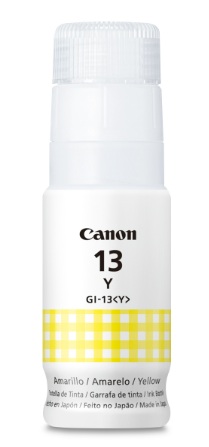 Tinta Canon GI-13Y / Amarillo – 70 ml | 2607 – Canon GI-13 Y 4686C001AA es una botella de tinta formulada con tecnología ChromaLife100 y equipada con un sistema de boquillas con válvulas identificadoras para recargas limpias en equipos fotográficos