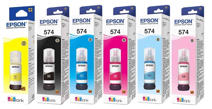 Tinta para Epson L8050 / T574 | 2503 - Tinta Original Epson 574. Capacidad 65 ml. El Kit Incluye: T574120-AL Negro, T574220-AL Cian, T574320-AL Magenta, T574420-AL Amarillo, T574520-AL Cian Claro, T574620-AL Magenta Claro.